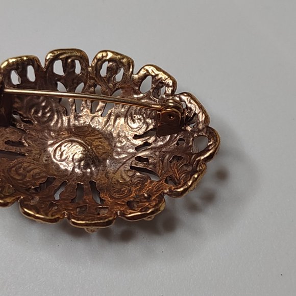 Vintage Gold Tone With Pink Stones Oval Shaped Brooch - Picture 14 of 16